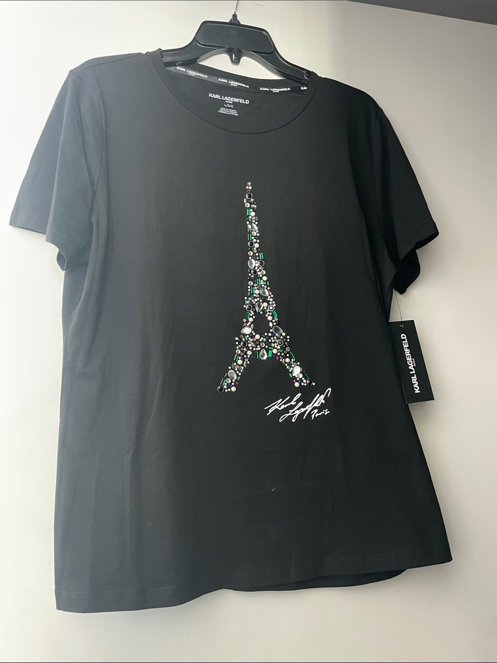Karl Lagerfeld Black Short Sleeve Tee with Jeweled Eiffel Tower